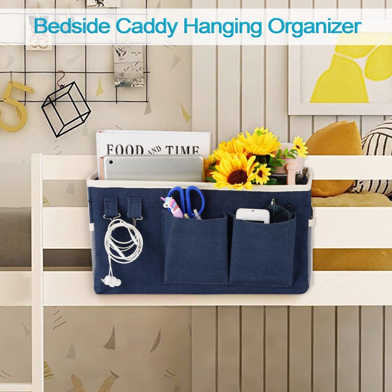 Loghot Bedside Caddy/Bedside Storage Bag Hanging Organizer For Bunk And Hospital Beds Dorm Rooms Bed Rails Can Be Placed Glasses Books Mobile Phones Keys (Navy Blue) - Image 3