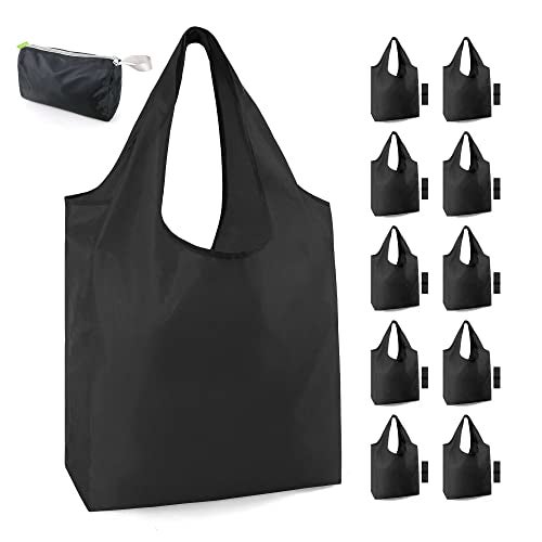 BeeGreen 10 Pack Black Reusable Grocery Bags with Storage Pouch Reusable Shopping Bags Bulk with Elastic Band 50LBS X-Large-Foldable-Washable-Heavy Duty-Waterproof Grocery Tote Bags - Image 1