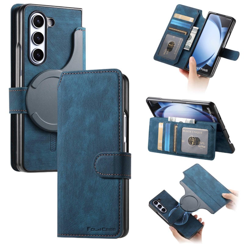 MagSafe Leather Case Protective Texture for Samsung Galaxy Z Fold 6 and Kickstand and Card Holder in Blue Colour - Image 1