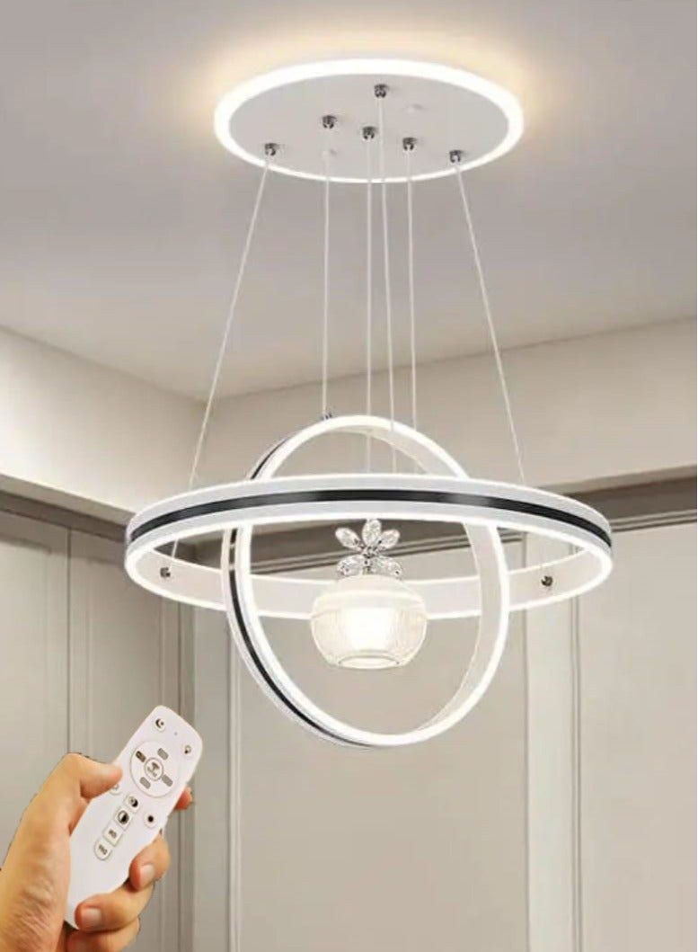 AL THURAYAT Chandelier modern  LED with luxurious design. designed with elegant  rings and soft LED lighting in 3 colors giving the place warm and luxurious glow. ideal for the living room and dining room ,with remote control. (White color) - Image 1