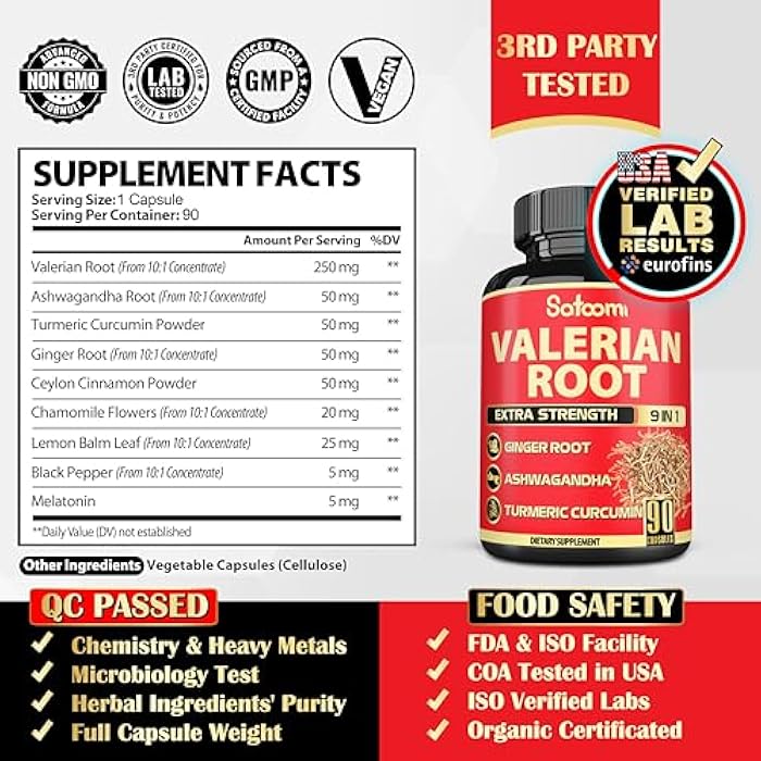 Satoomi Valerian Root Capsules - 9 Natural Herbs - Ashwagandha, Turmeric, Ginger, Ceylon Cinnamon - 90 Caps for 3-Month Supply - Image 2