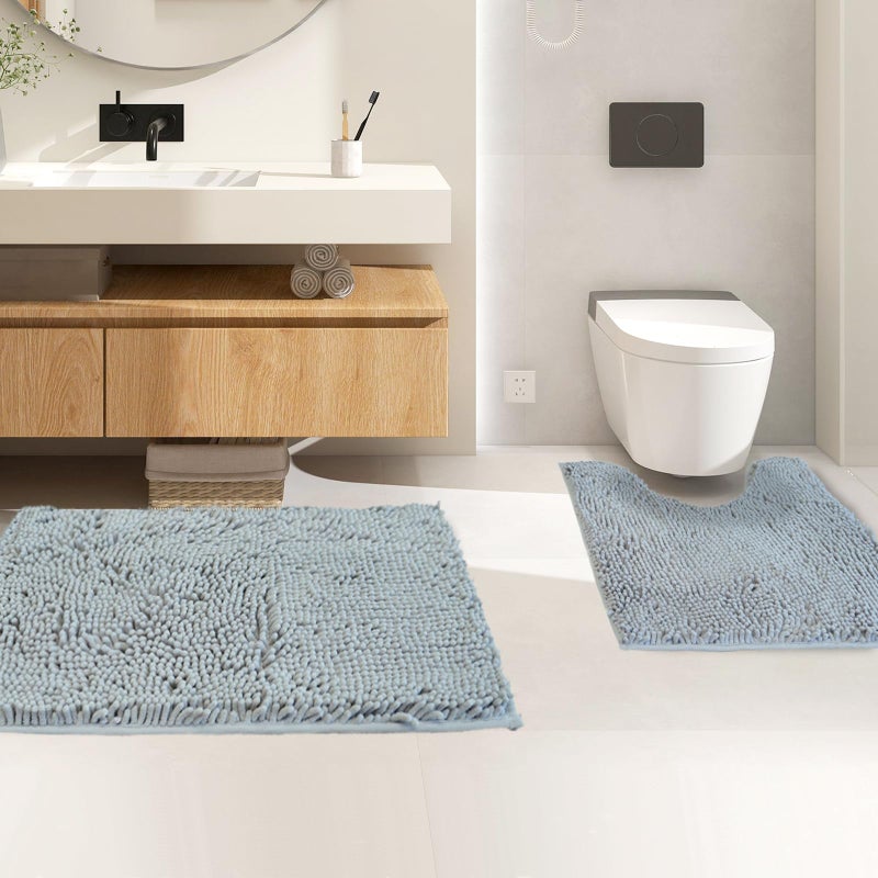 Flotstiga Bathroom Rugs Sets 2 Piece Super Absorbent Soft Thick Machine Washable Chenille Bathroom Mat Non Slip Toilet Floor Rug Bath Mats for Bathroom 20x32 Plus 20x20 U Shape Light Grey - Image 1