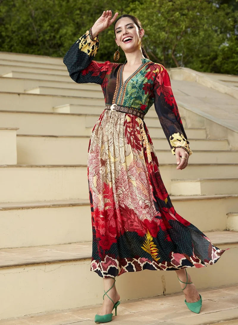 بهاني بواسطة جيوتي ROSE RED & BLACK MAXI DRESS