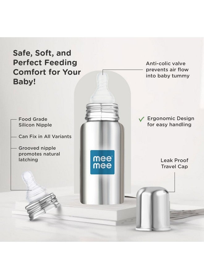 مي مي زجاجة رضاعة من الفولاذ للأطفال سعة 240 مل | زجاجة حليب للأطفال مع صمام متقدم مضاد للمغص، خالية من مادة البيسفينول أ، حلمة سيليكون ناعمة، رقبة واسعة للأطفال/الرضع/المواليد الجدد من عمر 0 إلى 2 سنة - Image 2