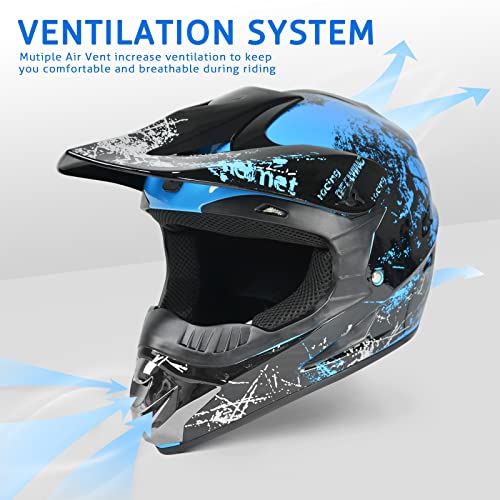SanQing Dirt Bike Helmets Youth Motocross, Motorcycle, BMX, ATV, Off-Road, Four Wheeler, Adult Moutain Bike Helmets Dot Approved (Goggles Gloves Faceshield) (Blue, Large) - Image 2