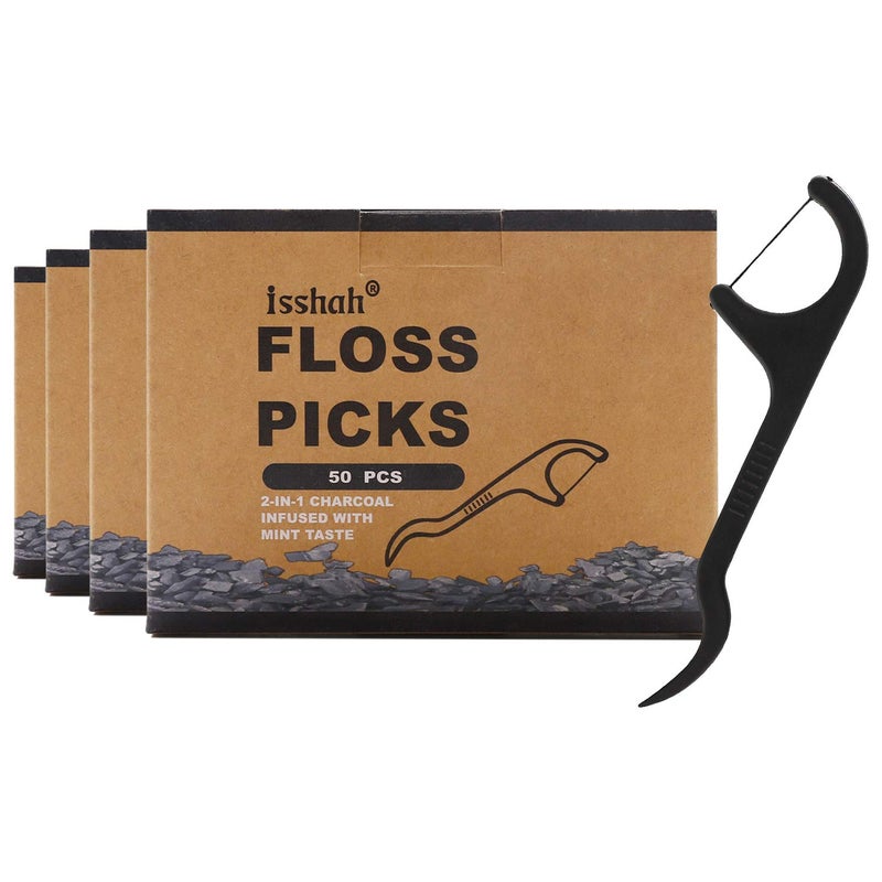 Isshah Natural Dental Floss Picks - 200 Count - PETA Approved, BPA Free, Vegan, Sustainable, Eco Friendly, Natural Dental Flossers by Isshah (Charcoal) - Image 1
