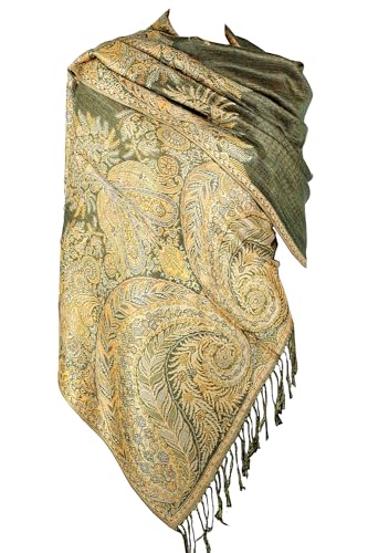 Achillea Luxurious Double Layered Jacquard Big Paisley Pashmina Shawl Wrap Scarf (Olive Green) - Image 1