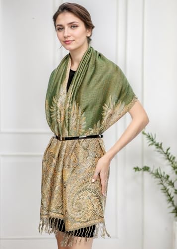 Achillea Luxurious Double Layered Jacquard Big Paisley Pashmina Shawl Wrap Scarf (Olive Green) - Image 3