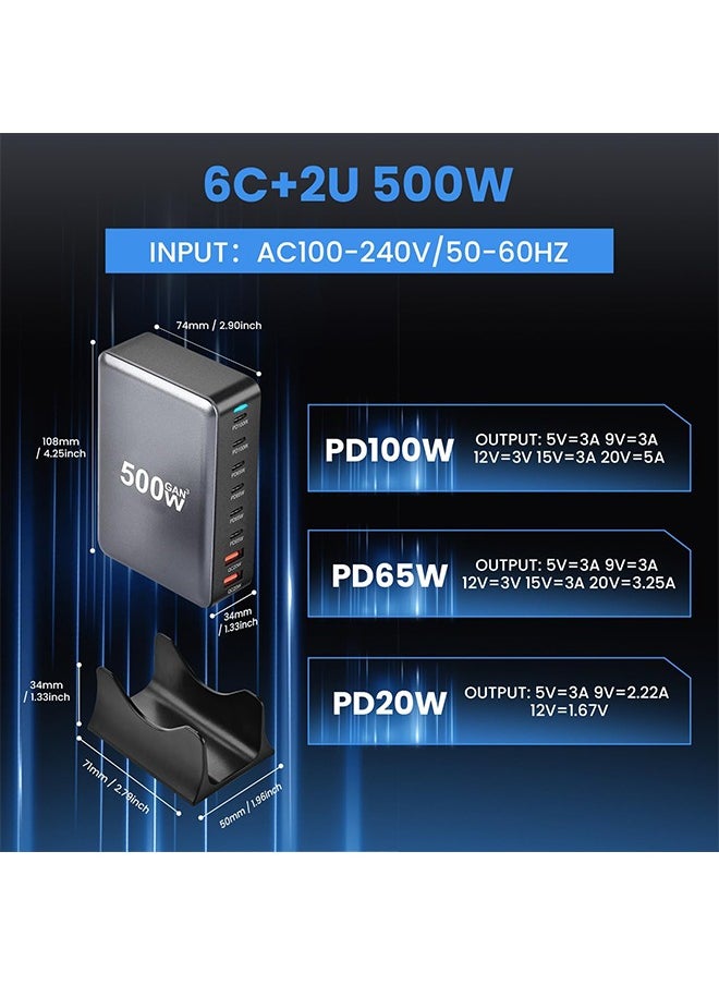 X-level - 500W USB A and USB C Charger,8 Port Type C Fast Charging Station Hub Block,Fast Wall Charge with 1.5m Power Cord Laptop Charger for MacBook Air Sumsung S24 iPhone 16/15 iPad - Image 1