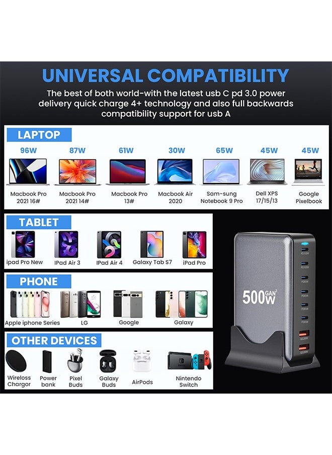 X-level - 500W USB A and USB C Charger,8 Port Type C Fast Charging Station Hub Block,Fast Wall Charge with 1.5m Power Cord Laptop Charger for MacBook Air Sumsung S24 iPhone 16/15 iPad - Image 1
