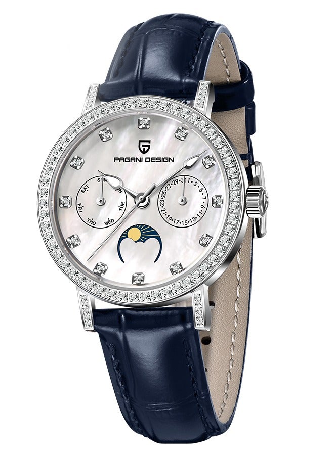 PAGANI DESIGN Women's Quartz Watches, Fashionable And Elegant, Silver-White Dial, Leather Strap PD1789 Blue - Image 1