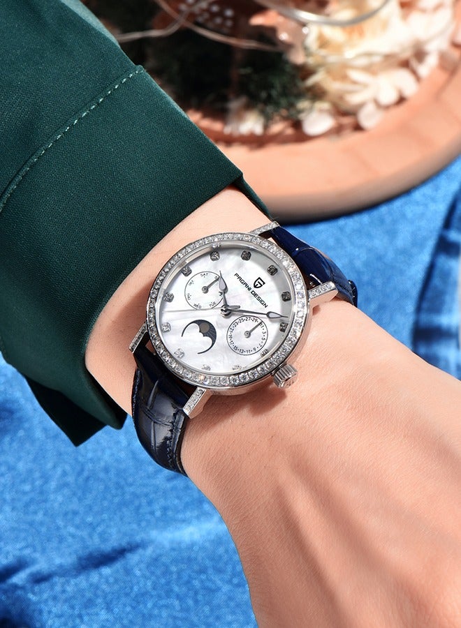 PAGANI DESIGN Women's Quartz Watches, Fashionable And Elegant, Silver-White Dial, Leather Strap PD1789 Blue - Image 5