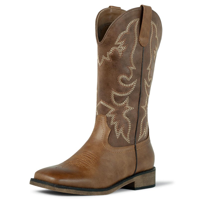 J's.o.l.e Square Toe Cowboy Cowgirl Boots for Women Mid Calf Ladies Fashion Embroidered Western Brown Boots US Size 9 - Image 1