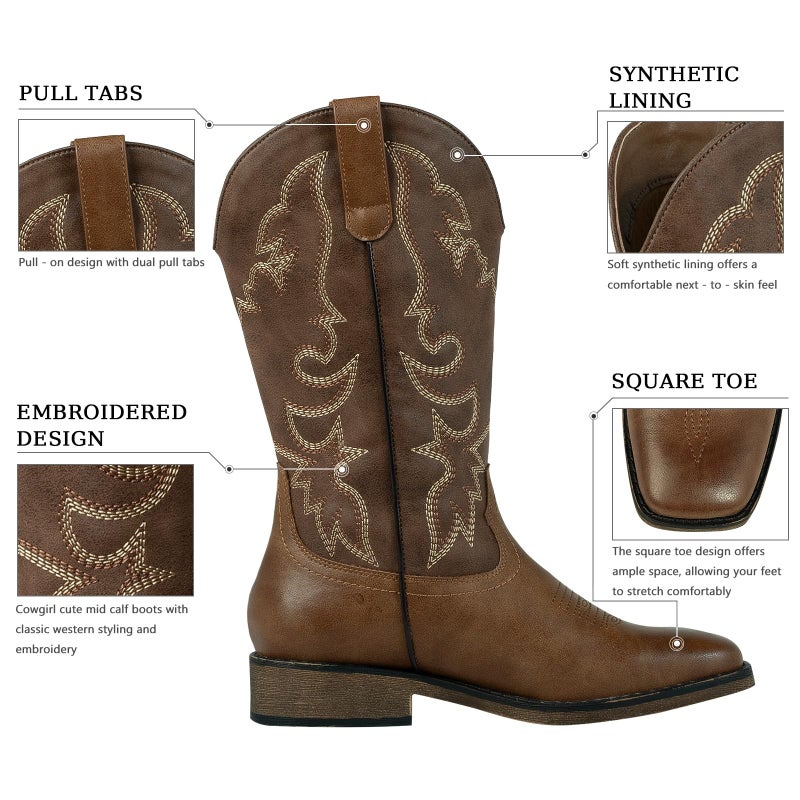 J's.o.l.e Square Toe Cowboy Cowgirl Boots for Women Mid Calf Ladies Fashion Embroidered Western Brown Boots US Size 9 - Image 5
