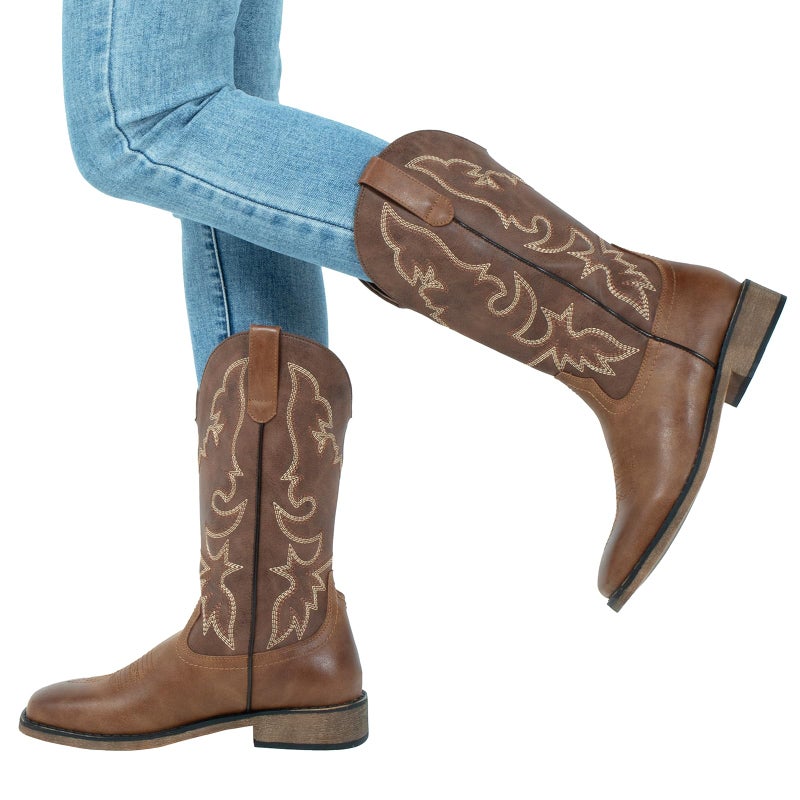 J's.o.l.e Square Toe Cowboy Cowgirl Boots for Women Mid Calf Ladies Fashion Embroidered Western Brown Boots US Size 9 - Image 2