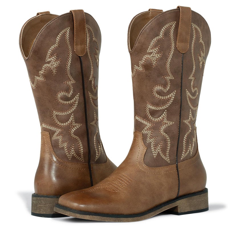 J's.o.l.e Square Toe Cowboy Cowgirl Boots for Women Mid Calf Ladies Fashion Embroidered Western Brown Boots US Size 9 - Image 4