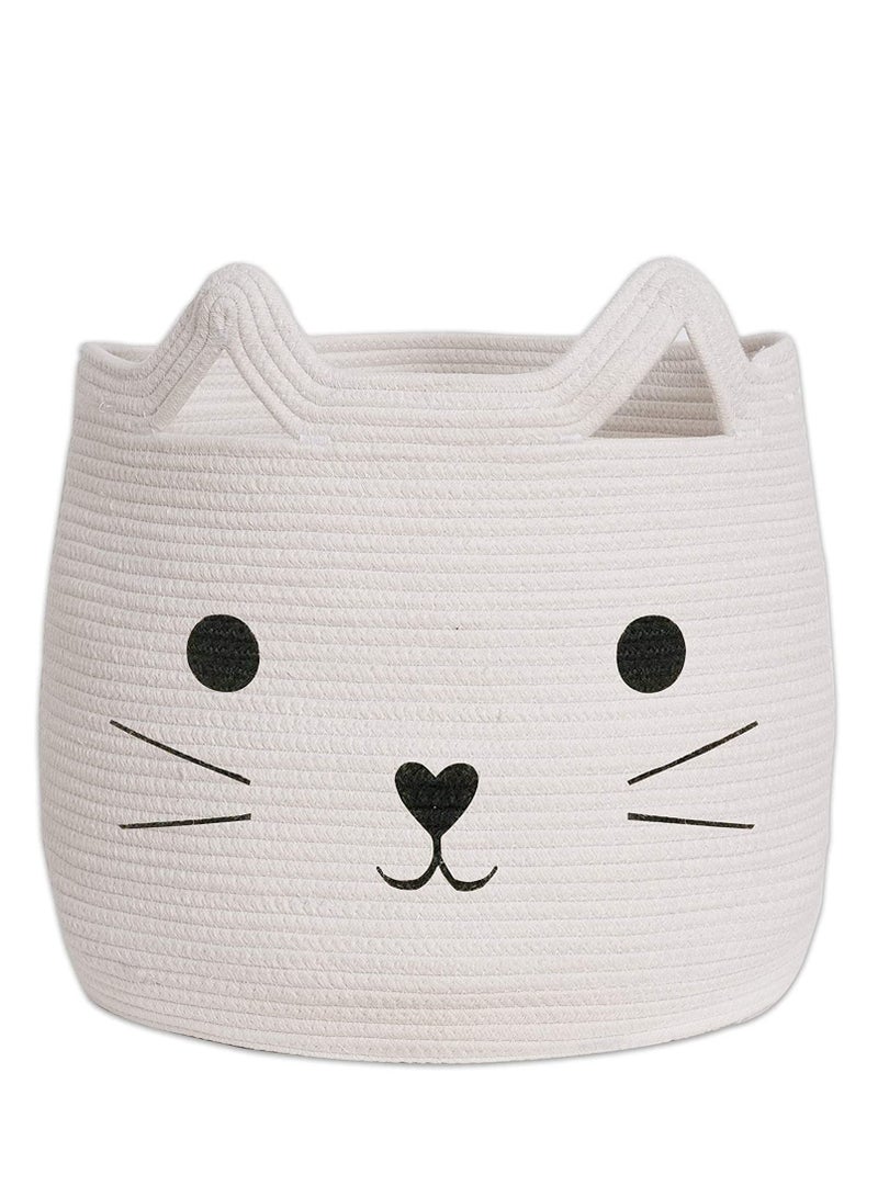 Excefore سلة تخزين كبيرة مصنوعة من حبال القطن المنسوجة بتصميم قطة لتنظيم الغسيل للحيوانات للأغراض مثل المناشف، البطانيات، الألعاب، الملابس، الهدايا – سلال هدايا للحيوانات الأليفة أو الأطفال (40سم طول×30سم ارتفاع) - Image 1