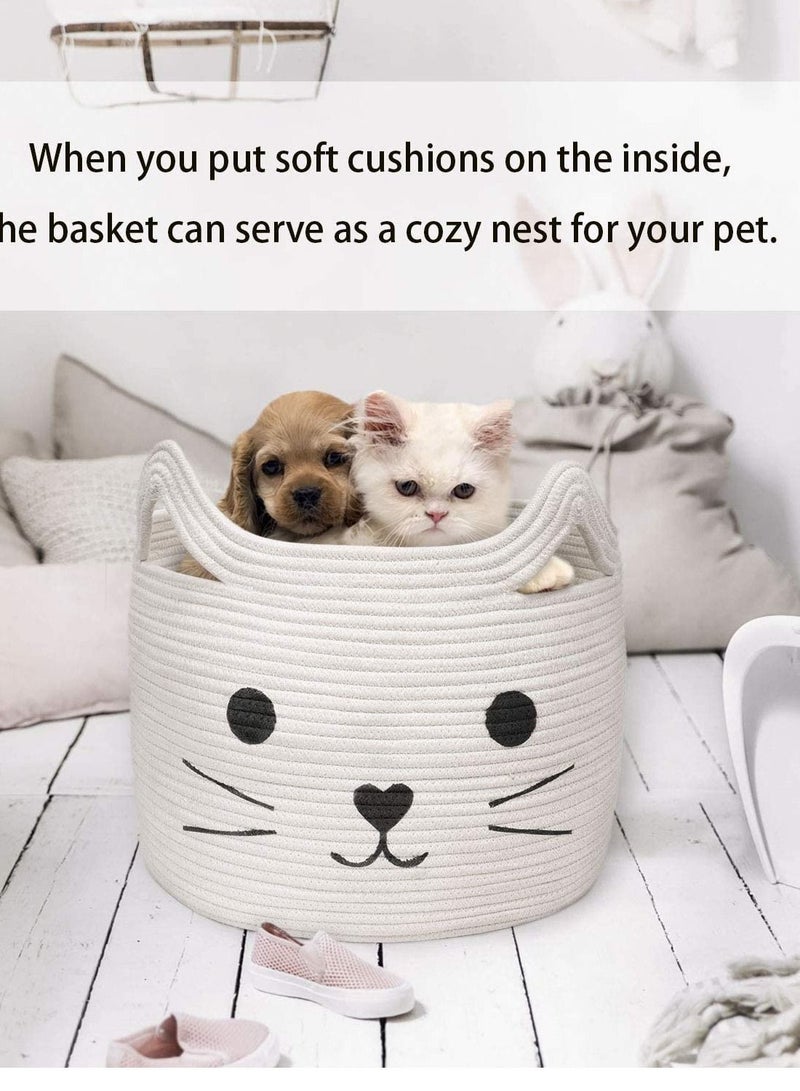 Excefore سلة تخزين كبيرة مصنوعة من حبال القطن المنسوجة بتصميم قطة لتنظيم الغسيل للحيوانات للأغراض مثل المناشف، البطانيات، الألعاب، الملابس، الهدايا – سلال هدايا للحيوانات الأليفة أو الأطفال (40سم طول×30سم ارتفاع) - Image 5