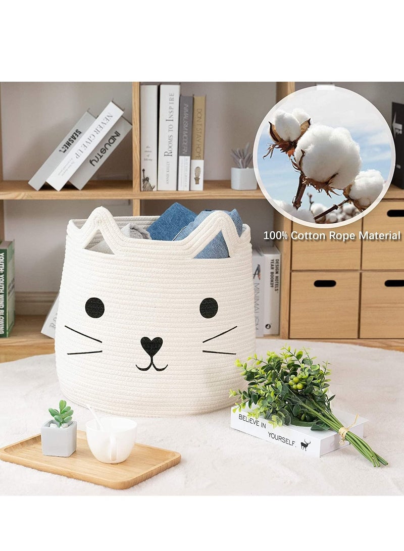 Excefore سلة تخزين كبيرة مصنوعة من حبال القطن المنسوجة بتصميم قطة لتنظيم الغسيل للحيوانات للأغراض مثل المناشف، البطانيات، الألعاب، الملابس، الهدايا – سلال هدايا للحيوانات الأليفة أو الأطفال (40سم طول×30سم ارتفاع) - Image 2