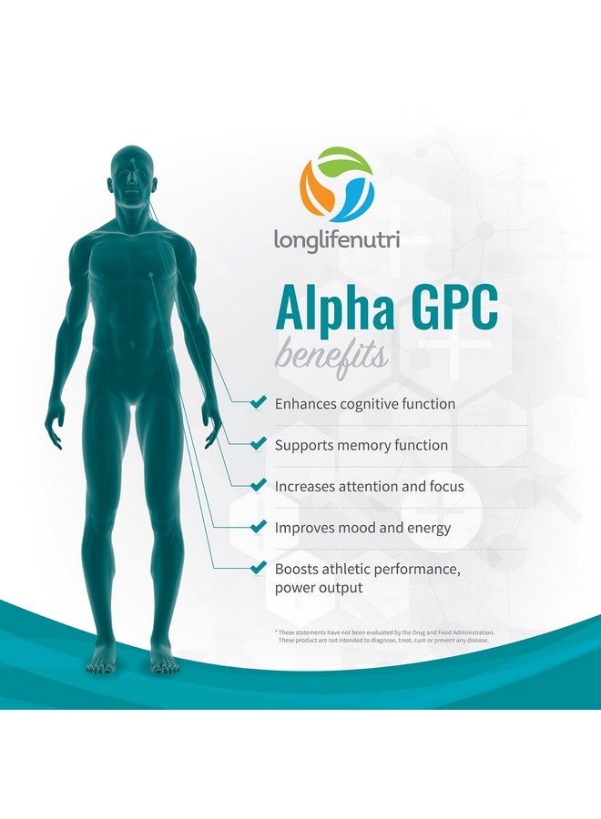 LongLifeNutri Alpha Gpc Choline Supplement 300Mg 180 Vegetarian Capsules ; Made In Usa ; Cognitive Enhancer Nootropic ; Supports Memory & Brain Function ; Boosts Focus & Mood ; 300 Mg Pure Powder Pills Complex - Image 4