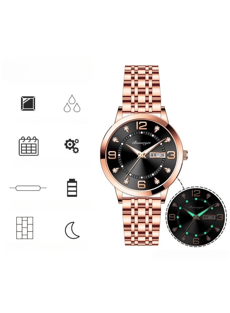 BONARGER Women's luxury water-resistant luminous quartz watch with a stainless steel strap - Image 2