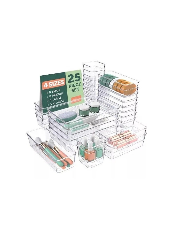 imported 25 PCS Clear Plastic Drawer Organizers Set, 4 Size Desk Drawer Organizer Trays for Makeup, Jewelry, Kitchen Utensils, Gadgets and Office Accessories - Image 1