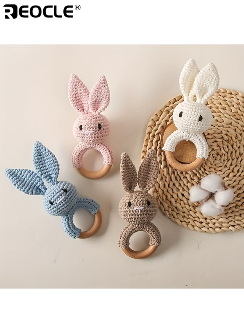 REOCLE Baby's Crochet Bunny Rattle Cartoon Rabbit Gripping Toy Kis Wooden Hand Rattle Soft Knitted Toy Perfect Baptism Gift and Keepsake for Youngsters - Image 4