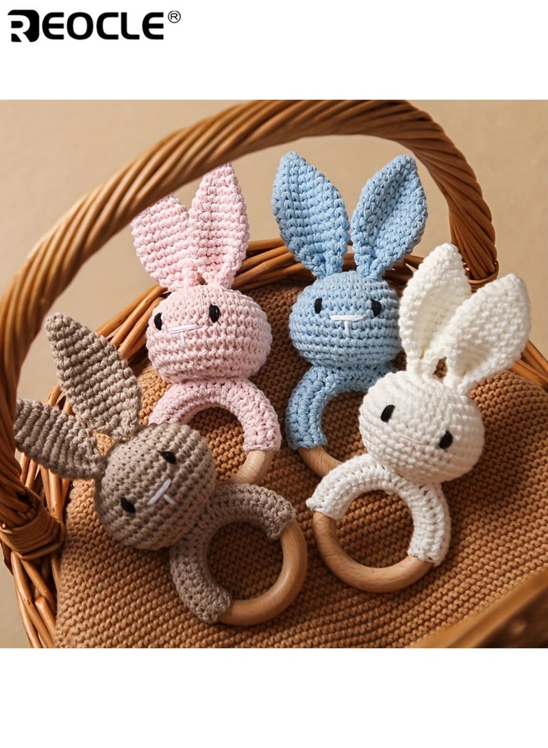REOCLE Baby's Crochet Bunny Rattle Cartoon Rabbit Gripping Toy Kis Wooden Hand Rattle Soft Knitted Toy Perfect Baptism Gift and Keepsake for Youngsters - Image 5
