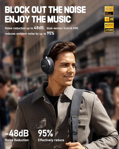 Picun NC60 Hybrid Active Noise Cancelling Headphones Foldable Wireless Over Ear Bluetooth 54 Headphones 80H Playtime Transparency Mode Stereo Bass Custom EQ via App for Travel Home Black - Image 3