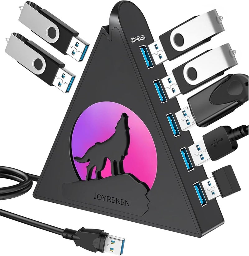 JoyReken 7-Port USB 3.0 Hub, Vertical USB Hub Splitter with RGB Lighting,5Gbps High-Speed Data Transfer and 2FT Extension Cable, Compatible with PC, MacBook, Laptop, PS5, Xbox, Flash Drive, Printer - Image 1