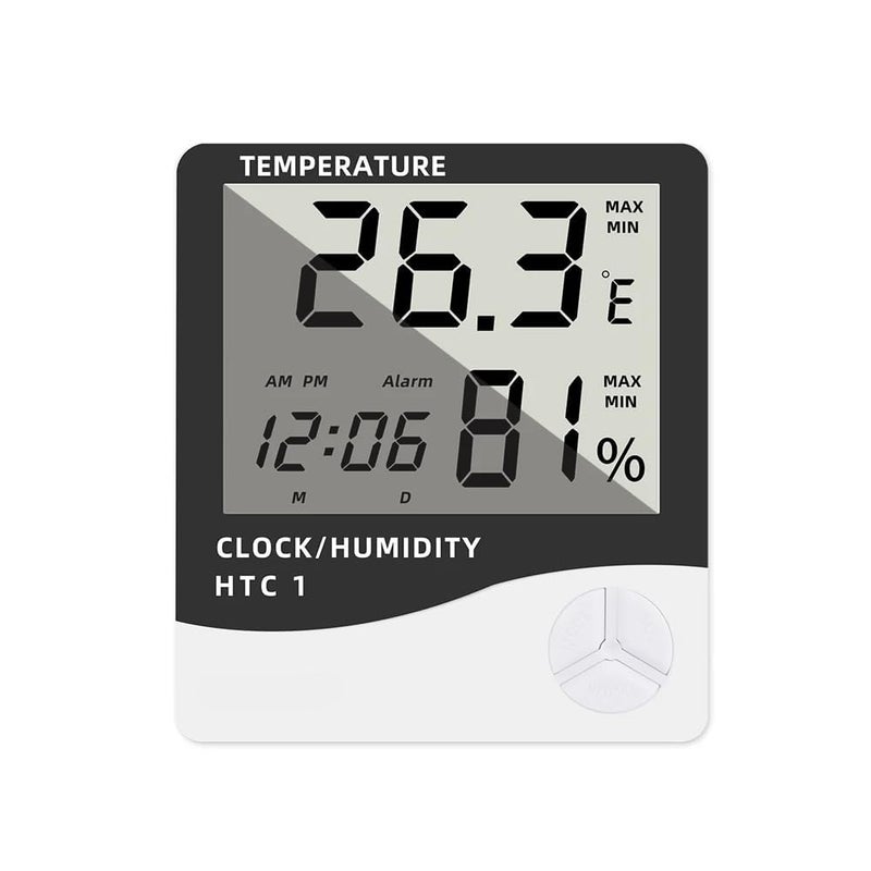 OffyBird Digital Temperature Humidity Meter with Clock HTC-1 Thermometer Hygrometer, LCD Display with Alarm Function, Wall Mount or Tabletop Monitor for Indoor Outdoor Home and Office - Image 1