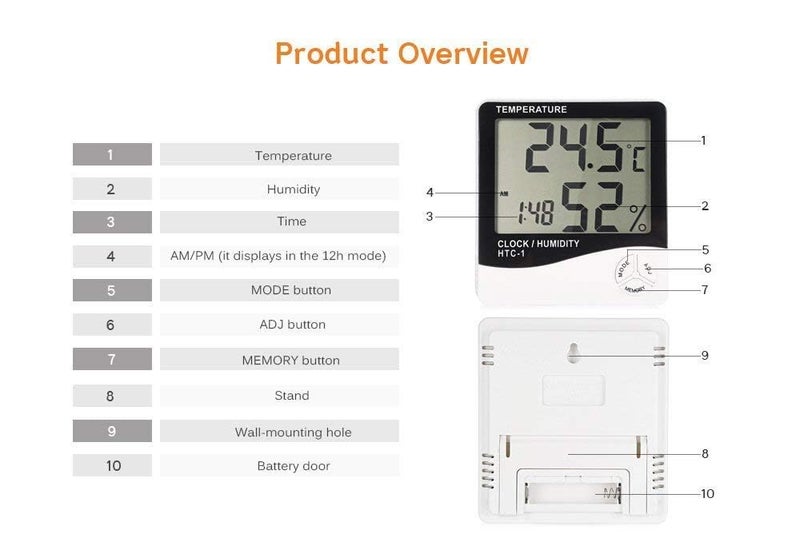 OffyBird Digital Temperature Humidity Meter with Clock HTC-1 Thermometer Hygrometer, LCD Display with Alarm Function, Wall Mount or Tabletop Monitor for Indoor Outdoor Home and Office - Image 4