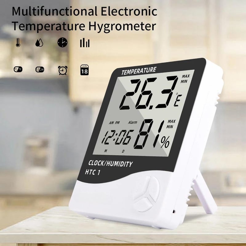 OffyBird Digital Temperature Humidity Meter with Clock HTC-1 Thermometer Hygrometer, LCD Display with Alarm Function, Wall Mount or Tabletop Monitor for Indoor Outdoor Home and Office - Image 3