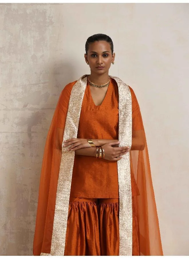 trueBrowns Orange Silk Sharara Dupatta Set