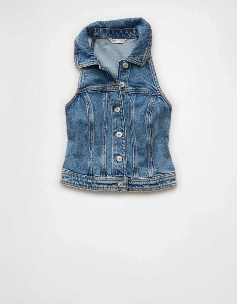 American Eagle  AE Cropped Collared Denim Vest for Women | Best Price UAE