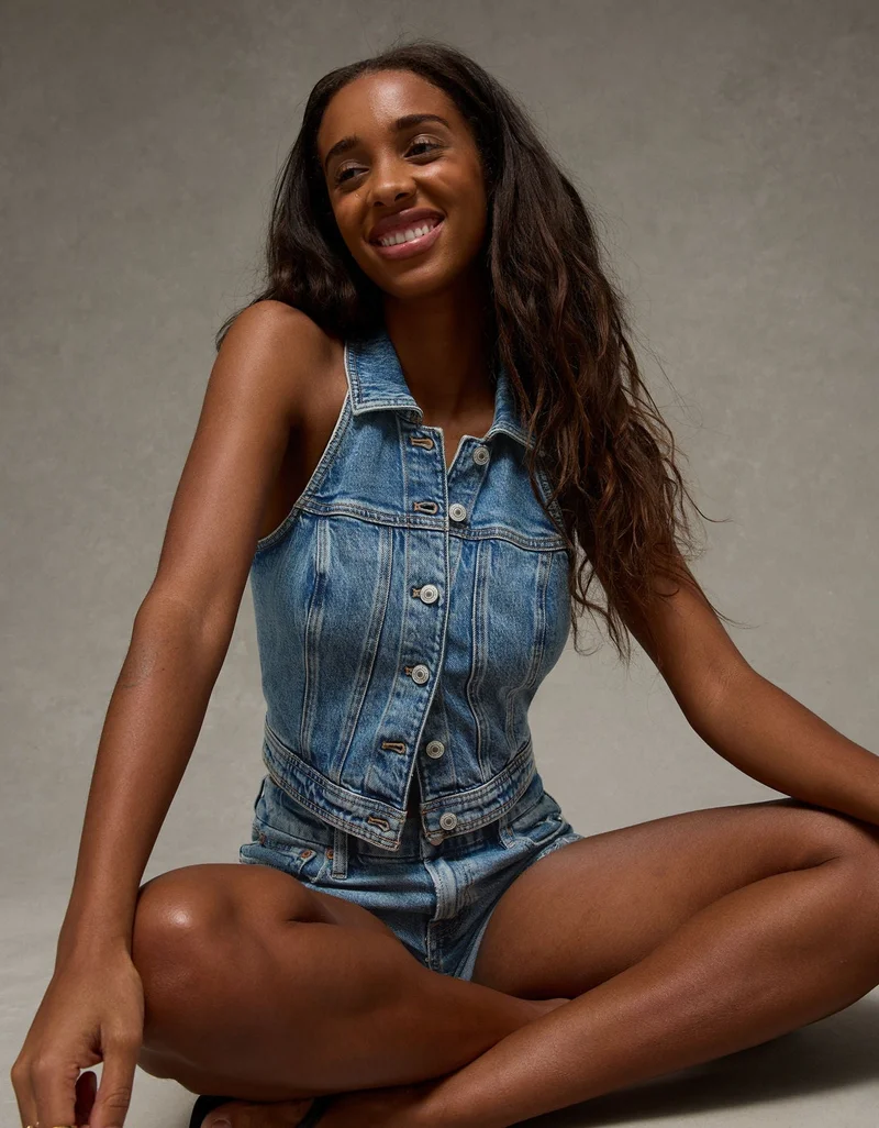 American Eagle  AE Cropped Collared Denim Vest for Women | Best Price UAE