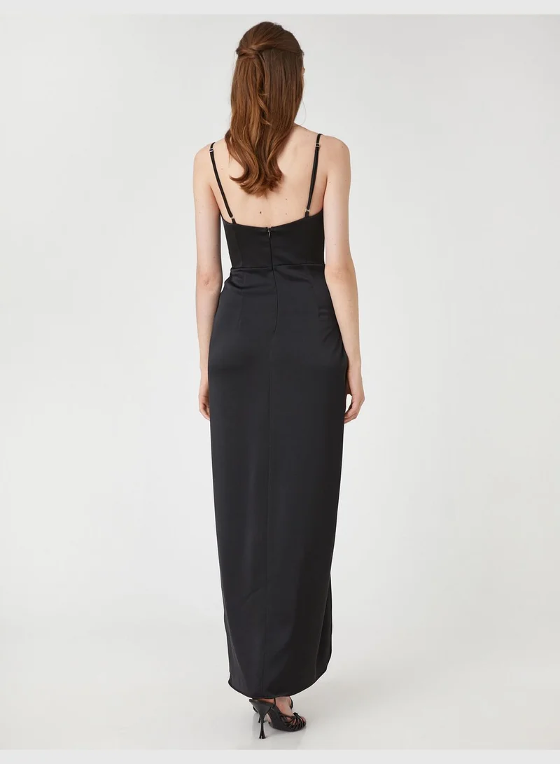KOTON Draped Slitted Strappy Satin Party Dress