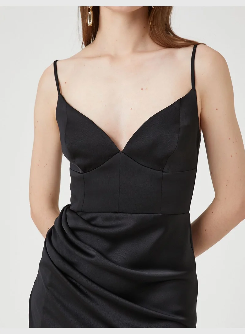 KOTON Draped Slitted Strappy Satin Party Dress