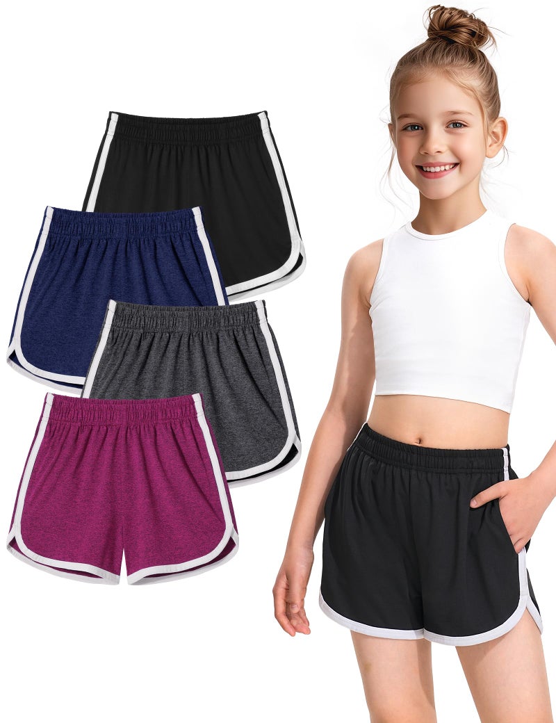 BOOPH 4 Packs Girls Shorts Quick Dry Kids Athletic Soccer Running Shorts with Pockets 11-12Y D-Gray Mauve Navy Black - Image 1