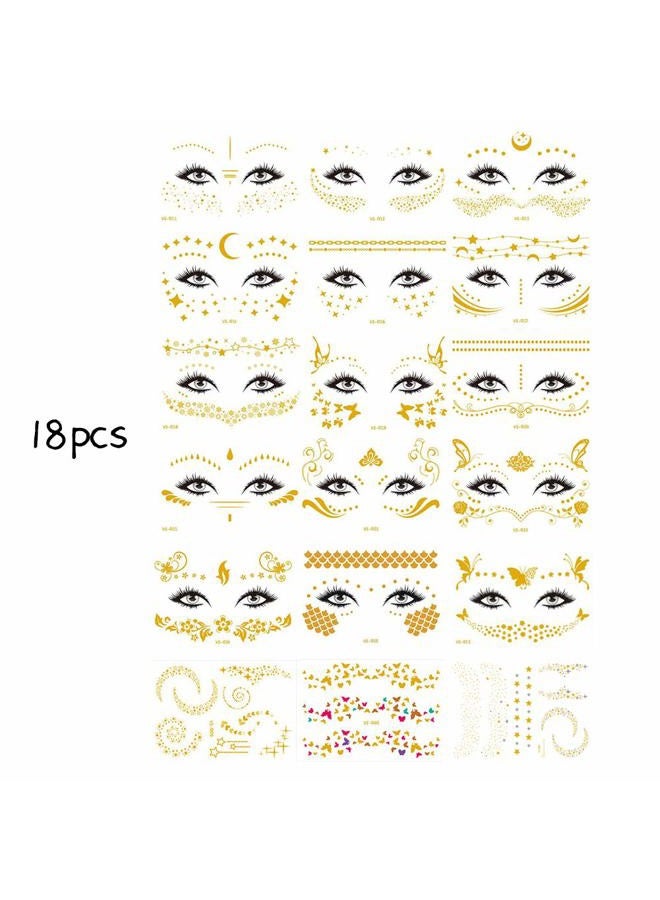 Apol 18 Pack Face Tattoo Stickers - Temporary Face Tattoos - Golden & Silvery Glitter - Waterproof - Suitable for Women, Girls, Youth & Adults - Image 2