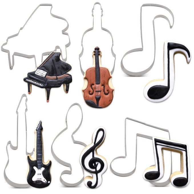 MUSIC COOKIE CUTTER SET 6 PIECE VIOLIN PIANO ELECTRIC GUITAR MUSIC NOTE G CLEF AND EIGHTH NOTE BISCUIT FONDANT CUTTERS STAINLESS STEEL