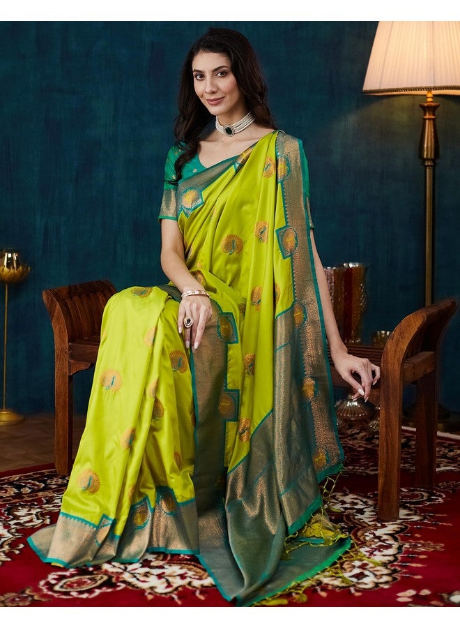 SIRIL SIRIL Women's Banarasi Silk Saree | kanjivaram Jacquard Sari With Unstitched Blouse Piece (4054S620_Parrot Green)  - Image 5