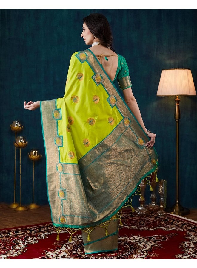 SIRIL SIRIL Women's Banarasi Silk Saree | kanjivaram Jacquard Sari With Unstitched Blouse Piece (4054S620_Parrot Green)  - Image 3