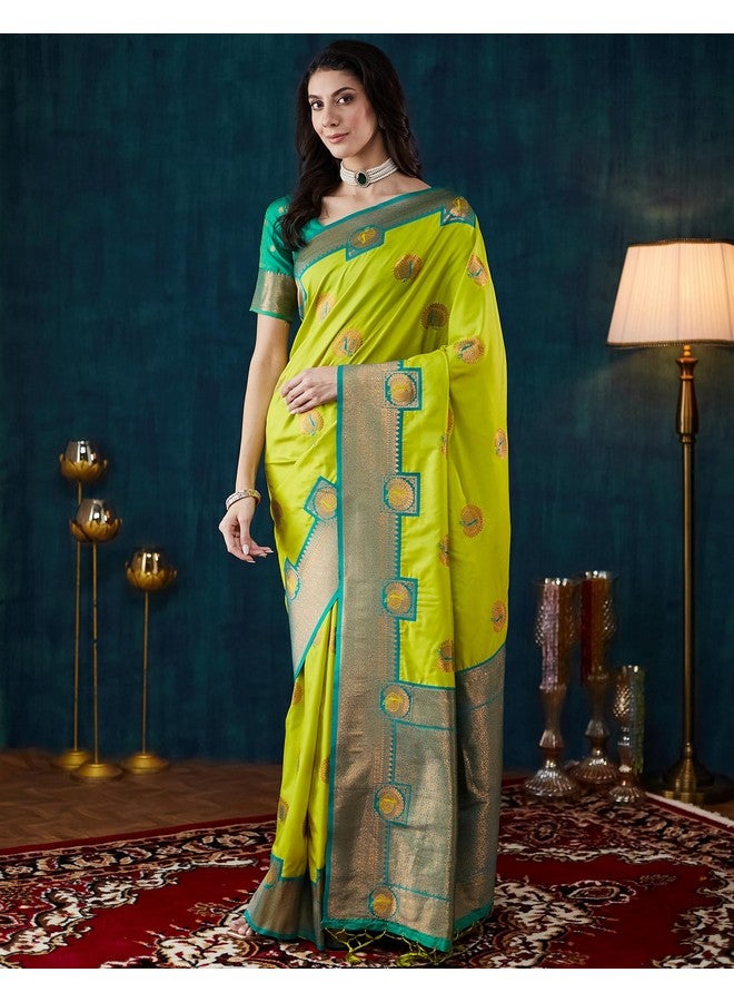 SIRIL SIRIL Women's Banarasi Silk Saree | kanjivaram Jacquard Sari With Unstitched Blouse Piece (4054S620_Parrot Green)  - Image 2