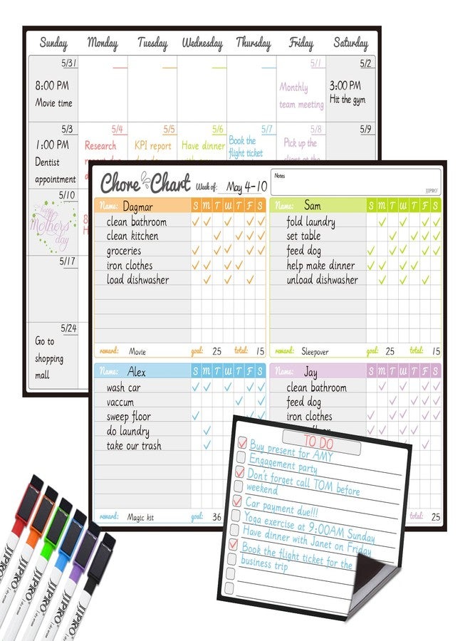 JJPRO Magnetic Dry Erase Chore Chart and Calendar Bundle for Fridge - Chore Chart for Multiple Kids,Monthly Calendar,One Bonus to-do Whiteboard and 6 Extra Fine Tips Markers Included! - Image 1