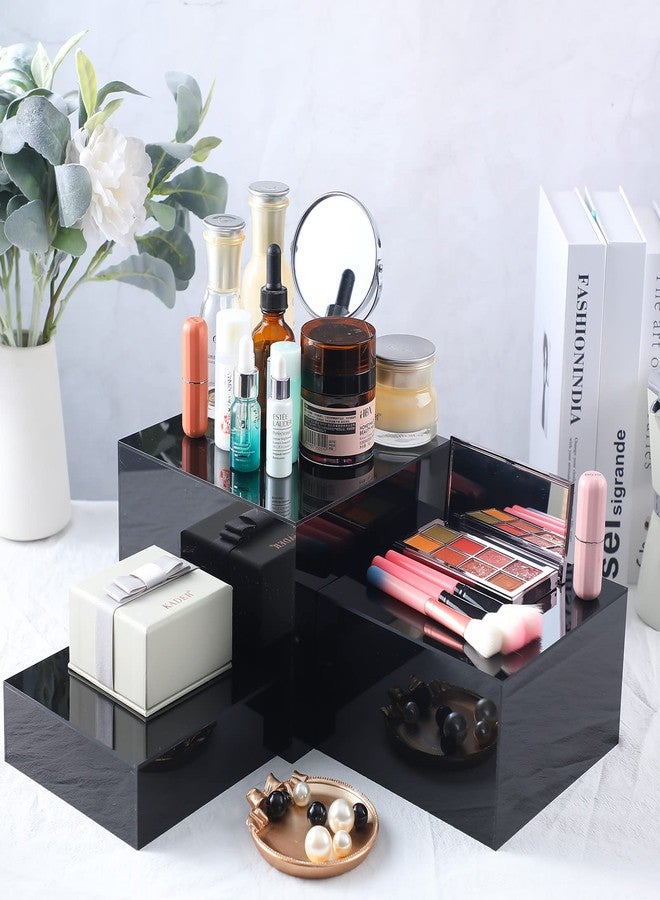 يوليجو مجموعة من 3 قواعد عرض أكريليك - صناديق خماسية الجوانب ذات قيعان مجوفة، رفوف عرض مكعبات متداخلة لعرض مستحضرات التجميل والطعام والمقتنيات والمجوهرات والتماثيل (أسود) - Image 4