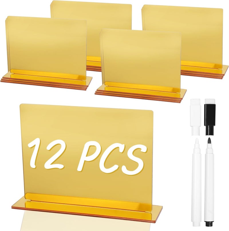 Ohmique 12 PCS Food Labels for Party Buffet Gold Food Signs for Buffet, Acrylic Rectangle Mini Signs with Base & 2 Markers, Reusable Party Wedding Retail Table Labels (3.9"x3") - Image 1