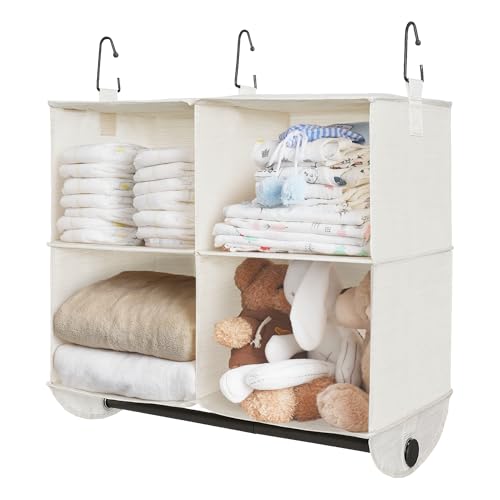 StorageWorks Hanging Closet Organizer with Metal Rod, 4-Section Closet Organizers and Storage, Collapsible Hanging Shelves for Baby Clothes, Shoes, Sweater Storage, Ivory and White - Image 1