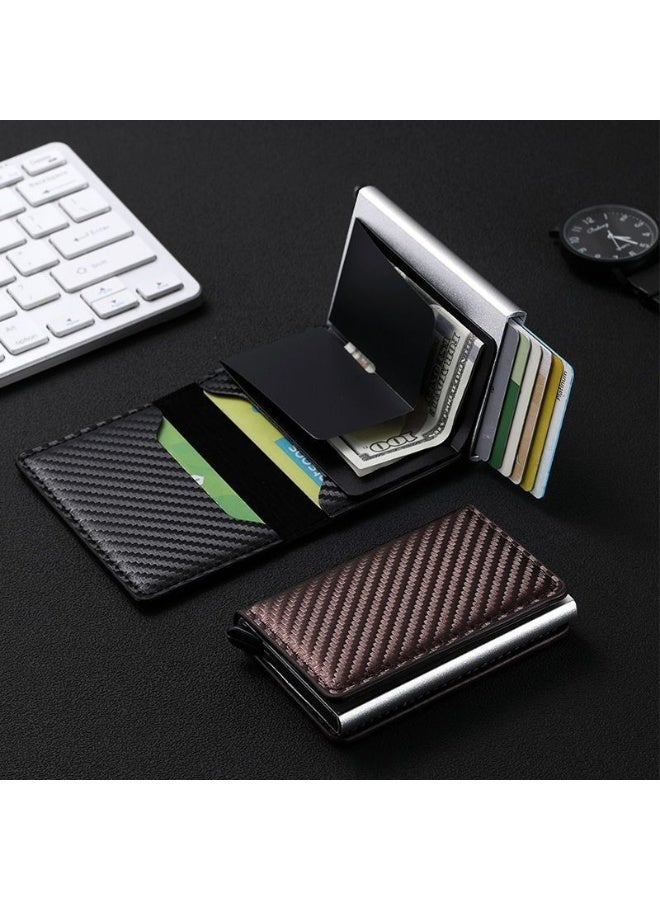 حامل بطاقة ألياف الكربون حجب RFID - محفظة معدنية منبثقة أوتوماتيكية رفيعة ، حافظة بطاقة ائتمان مضادة للسرقة مع حماية RFID وفتحات بطاقة مستقلة - Image 4