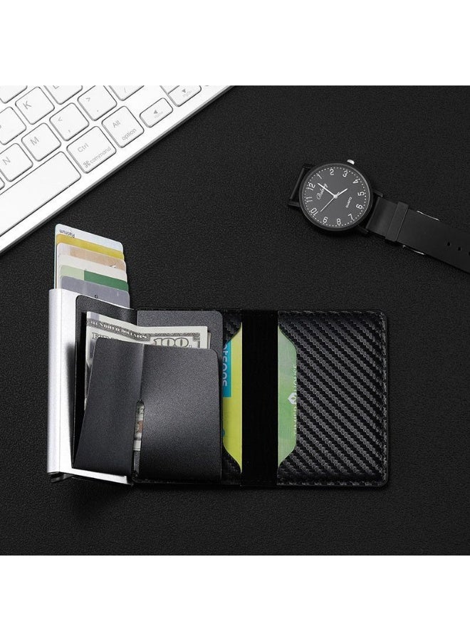 حامل بطاقة ألياف الكربون حجب RFID - محفظة معدنية منبثقة أوتوماتيكية رفيعة ، حافظة بطاقة ائتمان مضادة للسرقة مع حماية RFID وفتحات بطاقة مستقلة - Image 5